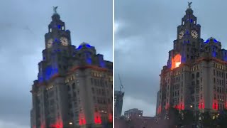 video: Liver Building balcony catches fire as Liverpool mayor urges fans to stay at home after second night celebrations