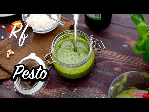 How to make pesto with parmesan, olive oil, garlic, pine nuts and basil. Recipe for homemade pesto. Nice to serve with fresh pasta or as a sauce.  >