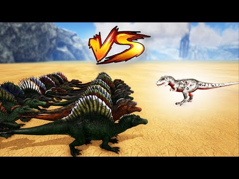 20 SPINOSAURUS VS 1 ALPHA REX | HOW MANY SPINOS TO BEAT 1 ALPHA REX? | Ark Battles | Thyrulous