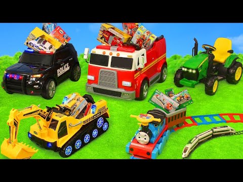 Fire Truck, Tractor, Excavator, Police Cars & Train Ride On | Toy Vehicles Surprise for Kids