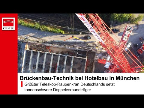 Leistungsfähigster Teleskop-Raupenkran setzt tonnenschwere Träger für Hotel-Ballsaal in München