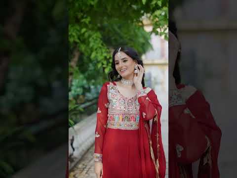 Maroon Embroidered Faux Blooming Anarkali Gown Set with Sequin & Multi-Thread Work | V-Neck | Full Sleeves | Dupatta Included