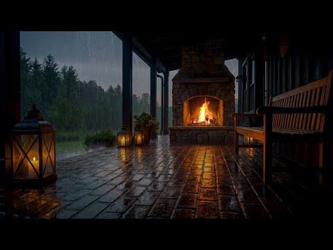 Heavy Rain on Cabin Porch | Thunderstorm & Fire Ambience for Relaxation