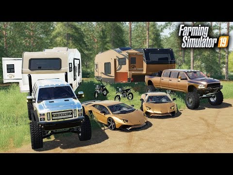 FS19- MILLIONAIRES GO LUXURY CAMPING! WITH A LAMBORGHINI & $90,000 RAM MEGA CAB, FORD SUPER SIX