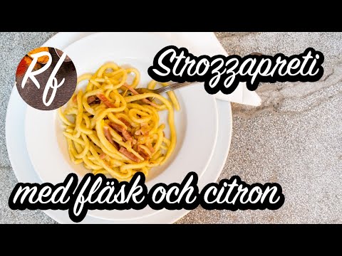 Strozzapreti med fläsk och citron. En hemgjord pasta med fläsk som prosciutto, parmaskinka eller annat fläsk i bitar blandad med lite lätt stekt lök och rivet citronskal.  Den här rätten lagade jag på matkurs i Bologna hos Il salotto di Penelope.>