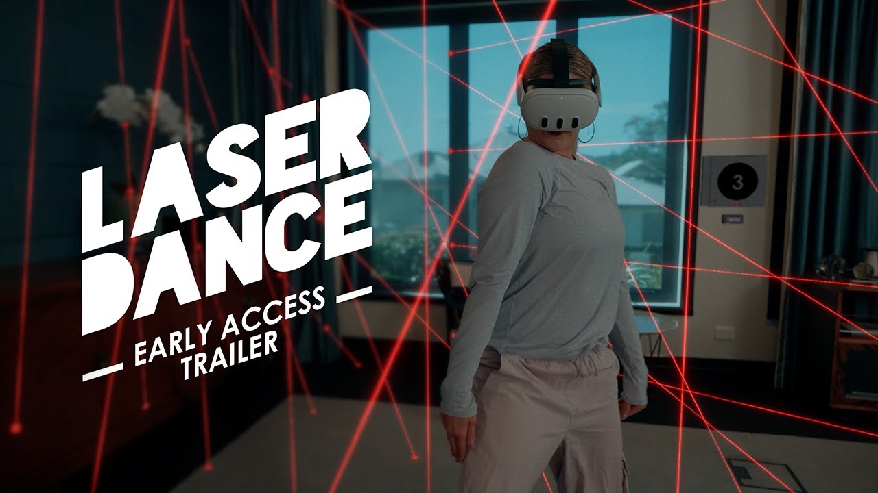 A player in a Meta Quest 3 headset dodging red laser beams strung across a real living room in Laser Dance