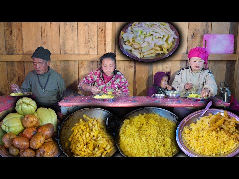 Squash & Potato Fry Recipe with CHAMRE Rice Cooking & eating || nepali village Food eating show