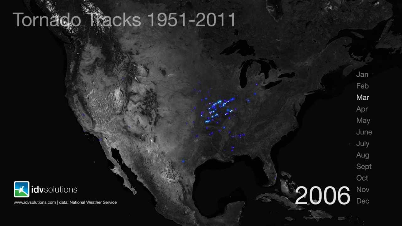 Tornado Tracks by Month, 1950 - 2011