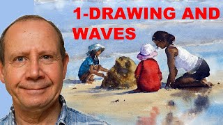 Watercolor painting seascape tutorial - the drawing and painting the waves. Step by step lesson - 1