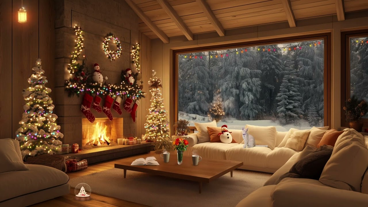 Coffee Shop Ambience ⛄ Smooth Jazz Instrumental Music & Crackling Fireplace for Relaxing
