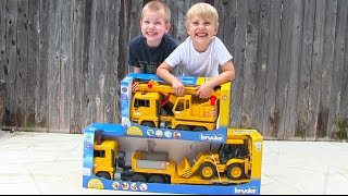 Toy Truck Videos for Children - Toy Bruder Backhoe Excavator, Crane Truck and Tractor Trailer