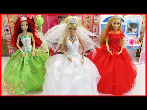 Barbie Wedding Morning Routine and New Dress for Rapunzel & Ariel