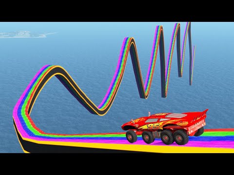 Impossible Weird Wave Bridge Crossing Car vs Deep Water Stunt with Lightning Mcqueen - BeamNG.Drive