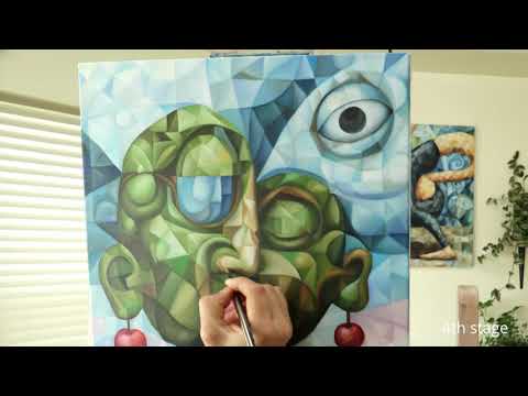 "The Ancient Brainwash" 2021, the making of the original artwork (oil on canvas), cubism, surrealism