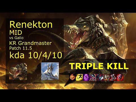 Renekton vs Galio Mid - KR Grandmaster 10/4/10 Patch 11.5 Gameplay // [롤] 레넥톤 vs 갈리오 미드