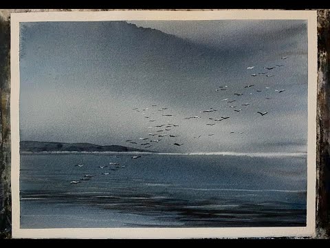 Simple evening light watercolour seascape, watercolor landscape tutorial hake brush, loose painting