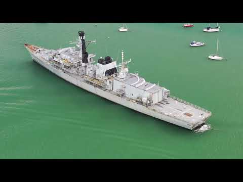 HMS Monmouth F235 Type 23 Duke class frigate laid up 4k drone footage.