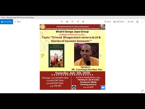 Bhagavatam 4.26.25 & Glories of Sanatan Goswami By HG  Gauranga Darshan Prabhuji  On July 4th 2020