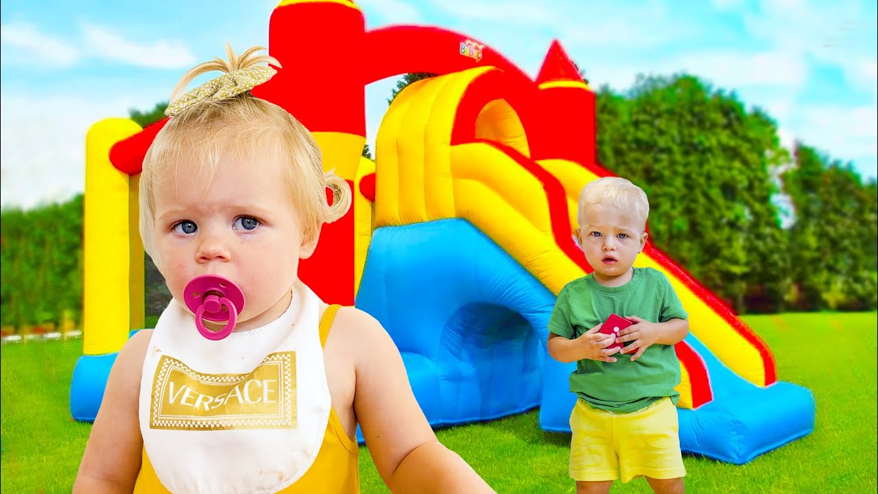 Maggie Pretend Play Mommy And Daughter with Giant Rainbow Inflatable Kids Swimming Pool