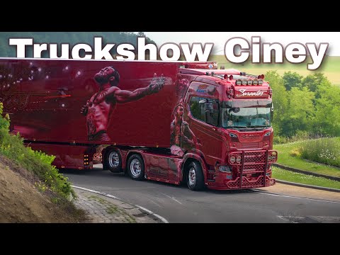 Truckshow Ciney 2025 Part 2 with Sarantos, Scania V8 open pipes sound and custom semi Trucks