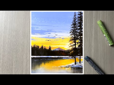 Winter sunset scenery with oil pastels