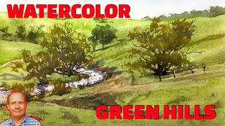 How to paint green rolling hills with watercolors. Watercolour painting tutorial. Mixing greens.