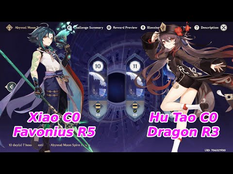 Hu Tao C0 Dragon's Bane & Xiao C0 Favonius Spiral Abyss 2.2 Floor 12 Full Stars Genshin Impact