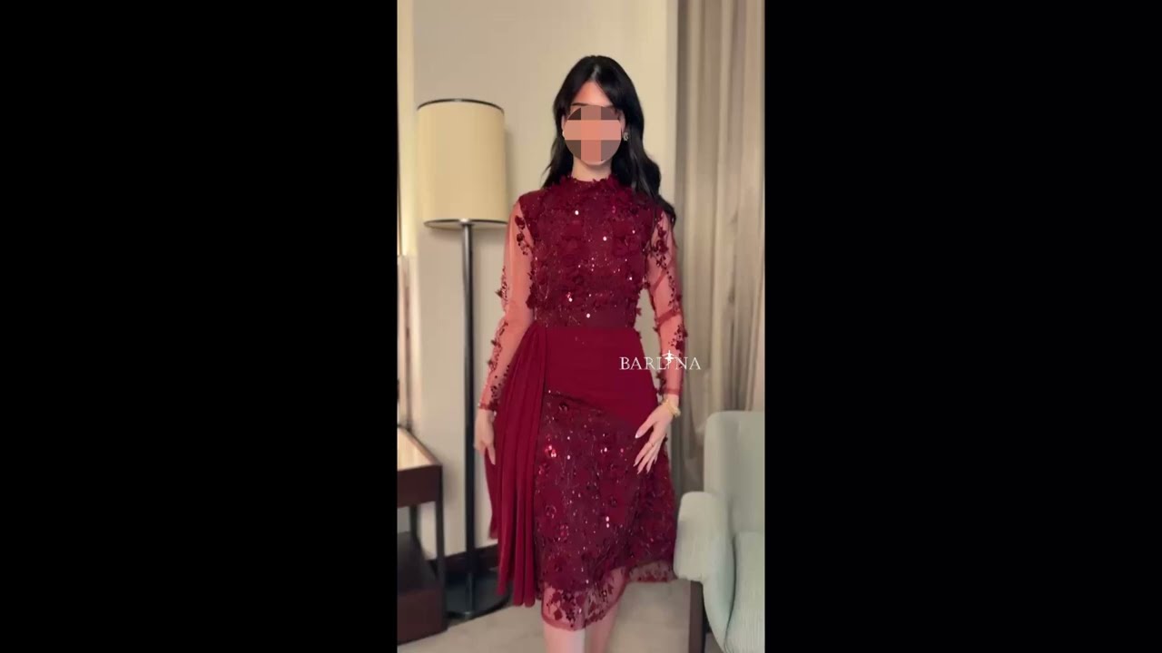فستان عنابي قصير بذيل جورجيت جانبي - XXL