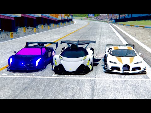 Devel Sixteen GTR vs Lamborghini Veneno Concept vs Bugatti Chiron GTR Concept at Drag Race 20 KM