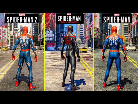 Spider-Man 2 vs Spiderman-Man Remastered vs Spider-Man Miles Morales Physics and Details Comparison