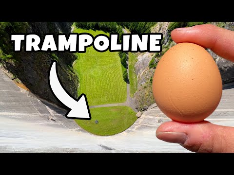 Close-up of a brown egg held by fingers on the right, with a bird's-eye view of a circular grassy pit labeled 'TRAMPOLINE' and an arrow pointing to it.