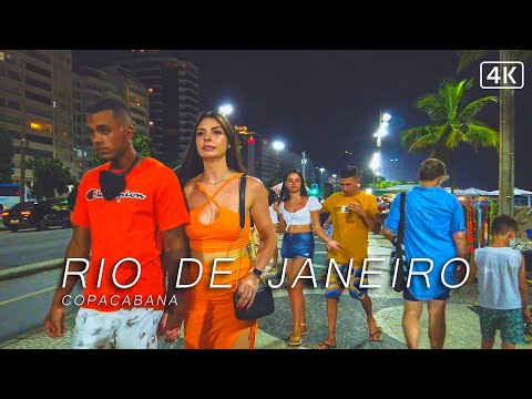 Walking Copacabana Beach at Night | 🇧🇷 Calçadão (Promenade) Rio de Janeiro, Brazil | 4K 2022