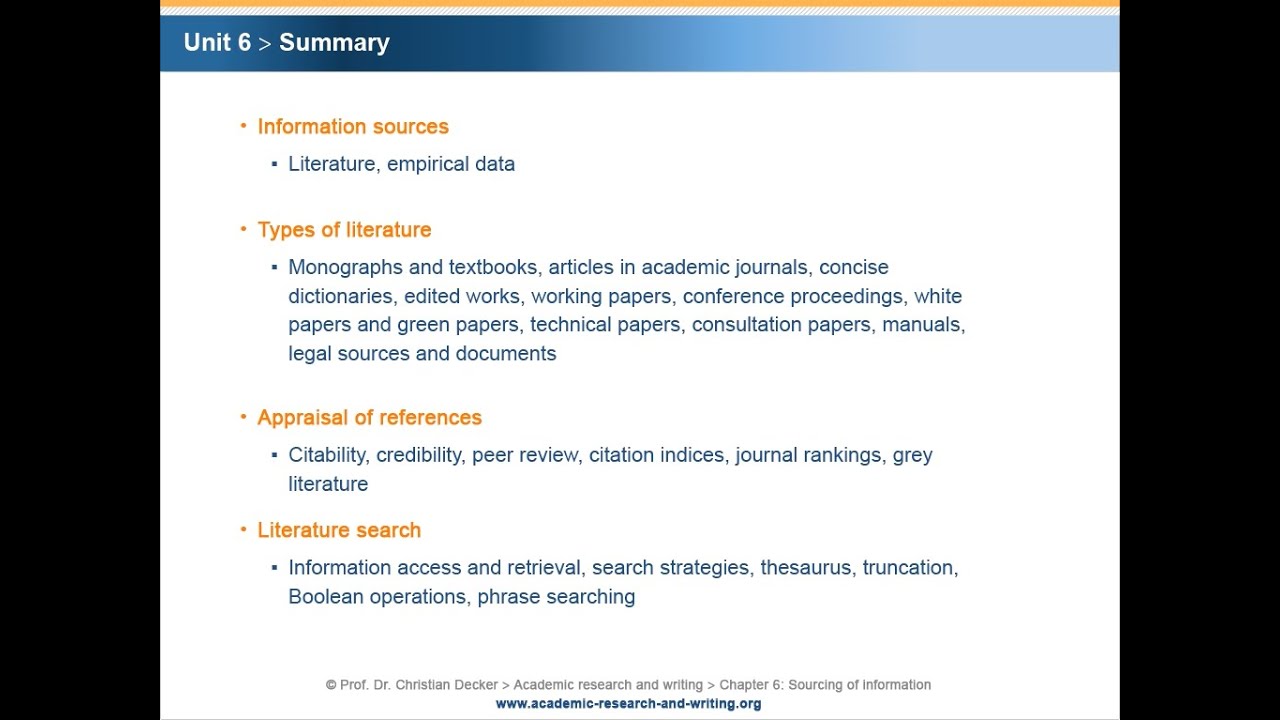 Academic research and writing – Chapter 6 Sourcing of information – Unit 6 Summary