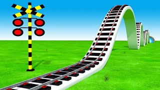 【踏切アニメ】あぶない電車でこぼこの鉄道線路での RAINBOW COLORS Fumikiri 3D Train Railroad Crossing Animation