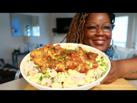 CHICKEN CORDON BLEU ALFREDO PASTA COOKING AND EATING