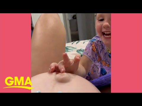 Kids have hilarious time making pregnant mom's belly button pop out l GMA - YouTube
