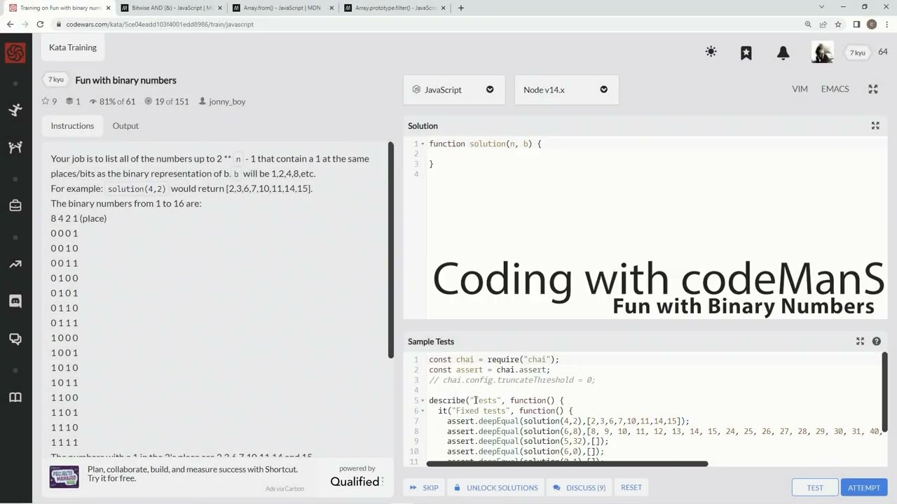 Codewars 7 kyu Fun with Binary Numbers JavaScript