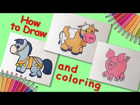 How to Draw and coloring Horse, Cow and Pig Easy! Kids Learn Drawing! Coloring Pages! Video