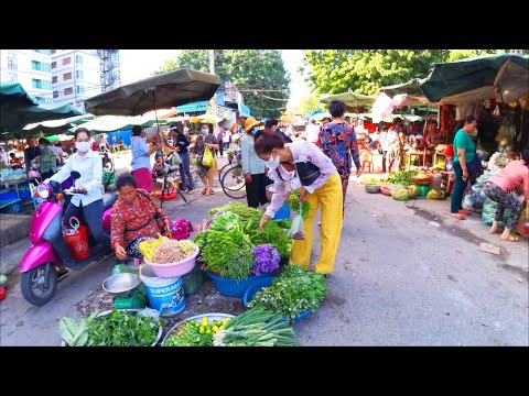 Cambodian Daily Life at Kandal Market Phnom Penh - Donuts, Crab, Fruit, Fish, Vegetable & More