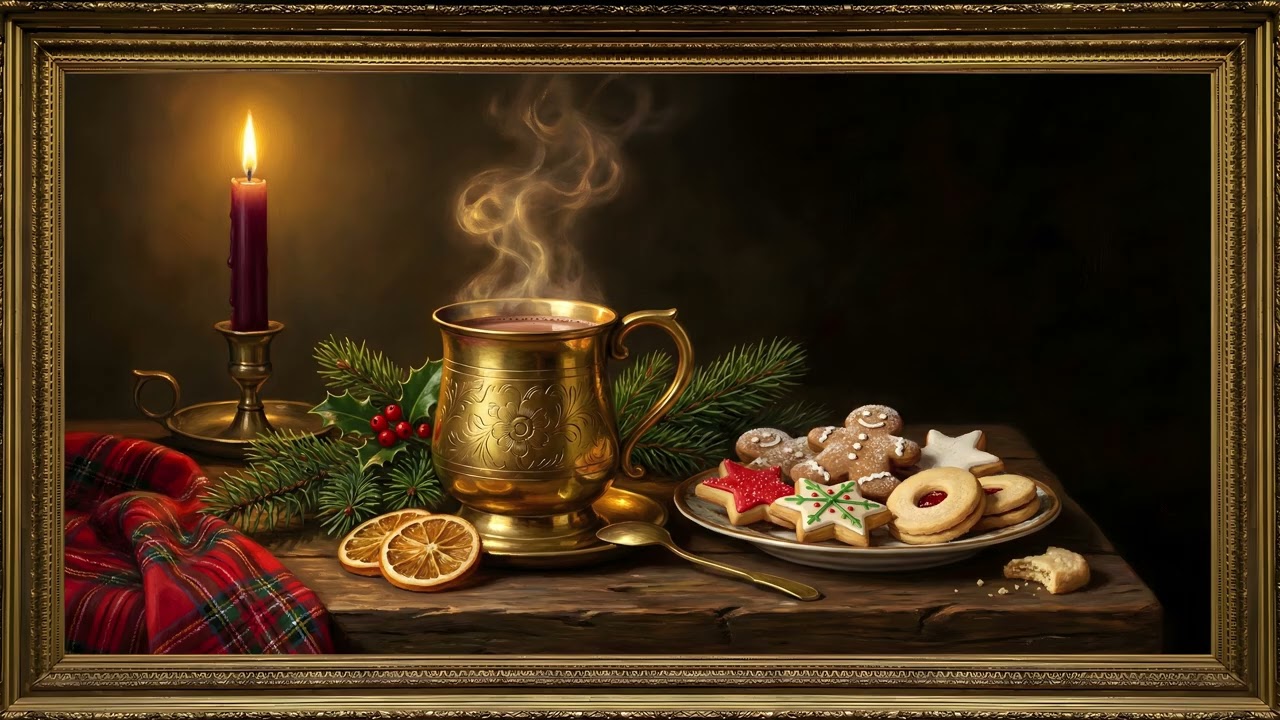Christmas Cookies Hot Cocoa Candlelight Gold Frame TV Art | 2 Hours 4K — 4K ambient art screensaver in baroque gold frame