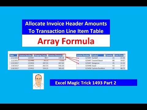 EMT 1493 Excel Formulas PivotTable Allocate Invoice Header Amounts To Transaction Line Table