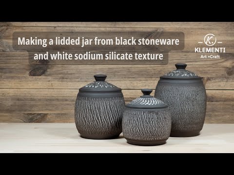 Making the lidded jar from black stoneware and white sodium silicate torn texture. The whole process