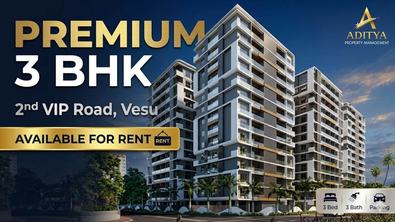 3 BHK Stunning Flat For Rent - 2nd VIP Road, Vesu, Surat. in Vesu, Surat — photo 1 of 14