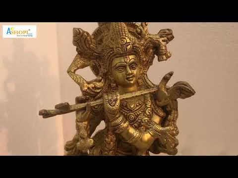 Brass krishna statue with flute beautiful hindu religious fo...