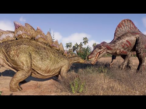 Stegosaurus VS T-Rex Qianzhosaurus I-Rex Spinosaurus And Giganotosaurus - Jurassic World Evolution 2
