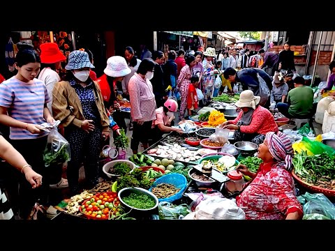Mixed Food Market Tour in Phnom Penh Cambodian, Daily Food, Fish, Vegetables