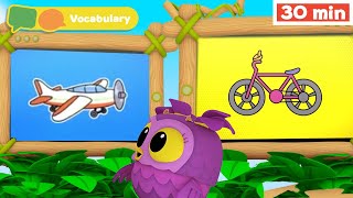 Hoot, Scoot & What | Learn Vocabulary for Kids | First Words & ABC alphabet  | Vehicles for Babies