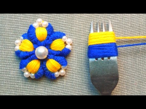 It's so Beautiful !! Superb Woolen Flower making trick using FORK - Hand embroidery design