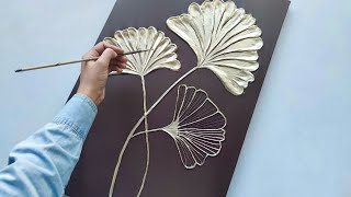 Golden Ginkgo Flower with Texture Paste and Gold Leaf  | DIY Texture Art Tutorial for Beginners