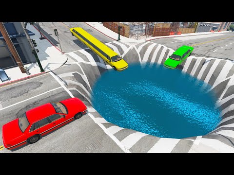 Cars Vs Huge Water Potholes - Cars Vs Death Water Giant Pit - Beamng Drive